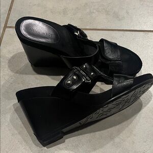 Nine West Black Leather Wedge Sandals